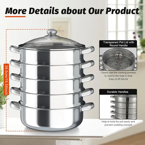 Miniatura 5 de Vaporizador de acero inoxidable para cocinar, juego de ollas al vapor de alimentos con tapa de vidrio y asa para albóndigas al vapor, tamales