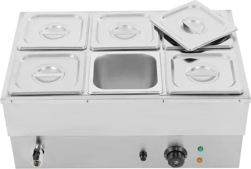 Miniatura 12 de Calentador de alimentos comercial de 6 bandejas, mesa de vapor eléctrica de 850 W, 3.2 cuartos de galón, encimera de buffet Bain Marie de acero