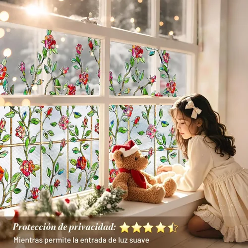 Miniatura 5 de Windimiley Película decorativa para ventana de vitral, 3D con diseño floral de rosas, película adhesiva estática de privacidad que difunde la luz