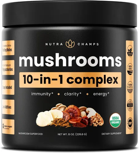 NutraChamps Polvo orgánico de hongos – Complejo 10 en 1 – Mezcla de polvo de suplemento de hongos para memoria, concentración y apoyo inmunológico –