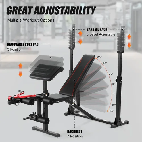 Miniatura 2 de Aceshin Banco de Pesas Olímpico, Banco de Pesas Ajustable de 900 LBS y Rack de Sentadillas, Set de Press de Banca con Extensión de Piernas, Negro