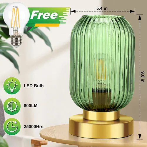 Miniatura 5 de Lámpara de mesa moderna de mediados de siglo, control táctil y regulable de 3 vías, pantalla de vidrio acanalado verde, dorado pequeño, lámpara