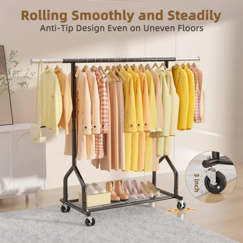 Miniatura 5 de EAGMAK Perchero de ropa resistente con capacidad de carga de 192 kg, perchero enrollable con estantes, colgador de ropa ajustable de metal