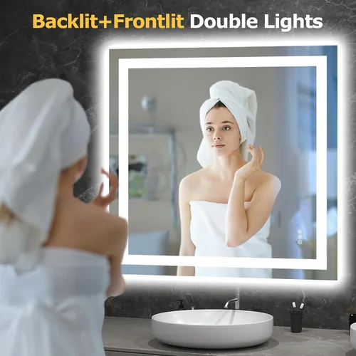 Miniatura 2 de Hivone 36x36 Espejo de baño LED con luces, antiempañamiento, regulable, retroiluminado + iluminación frontal, espejo de tocador de baño inteligente