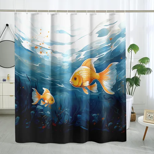 Miniatura 28 de Juego de cortinas de ducha de ballena azul, divertidas cortinas de ducha de dibujos animados de océano para baño, decoración de baño para niños