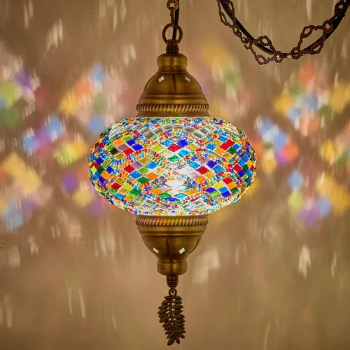 DEMMEX Lámpara Colgante de Techo de Mosaico Turco Marroquí Enchufable – Luminaria Tipo Swag con Cable de 15 pies y Cadena, Vidrio Hecho a Mano,