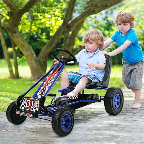 Miniatura 8 de HONEY JOY Go Kart para Niños, Cuadriciclo de 4 Ruedas Todoterreno con Pedales Go Cart con Volante y Asiento Ajustable, 2 Frenos de Seguridad, Azul
