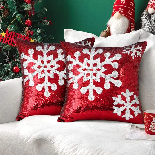 OTOSTAR Juego de 2 fundas de almohada de lentejuelas navideñas de 18 x 18 pulgadas, diseño de copo de nieve de invierno, decoración de lentejuelas
