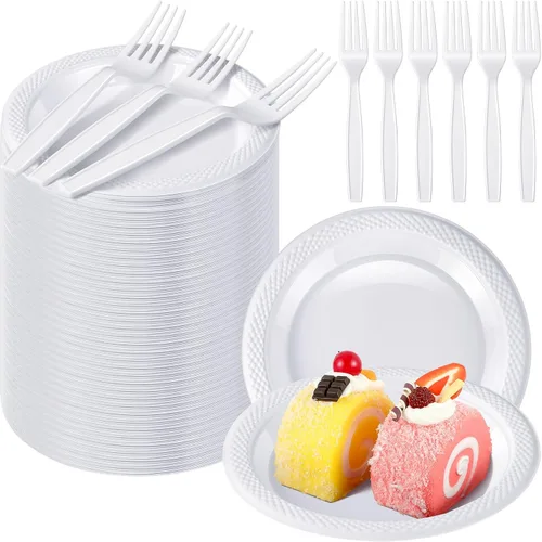 Miniatura 8 de Hushee 600 platos de postre de plástico negro de 6 pulgadas con tenedores de 7 pulgadas para aperitivo de pastel, 300 platos pequeños desechables