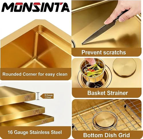 Miniatura 5 de Fregadero de barra dorada de 13 x 15 pulgadas, fregaderos de cocina dorados de acero inoxidable SUS304 de calibre 16 con accesorios, fregadero