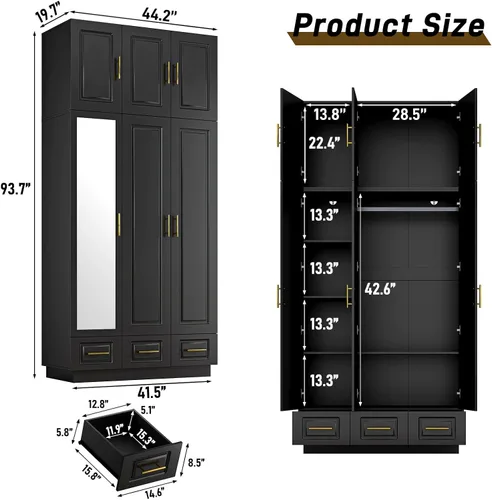 Miniatura 2 de Hlivelood Armario Grande Ropero Gabinete con Cajones y Luces LED, Estantes de Múltiples Niveles, Barra para Colgar, Armario de Gran Capacidad