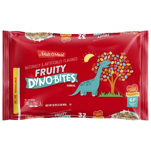 Malt-O-Meal Fruity Dyno Bites Cereal de desayuno sin gluten con sabor afrutado, cereal grande para la familia, bolsa de cereales resellable de 32