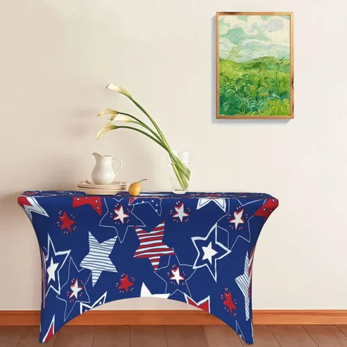 Miniatura 2 de Mantel rectangular ajustable de elastano elástico con estrellas patrióticas americanas de 4 pies, protector de mesa para fiestas, eventos