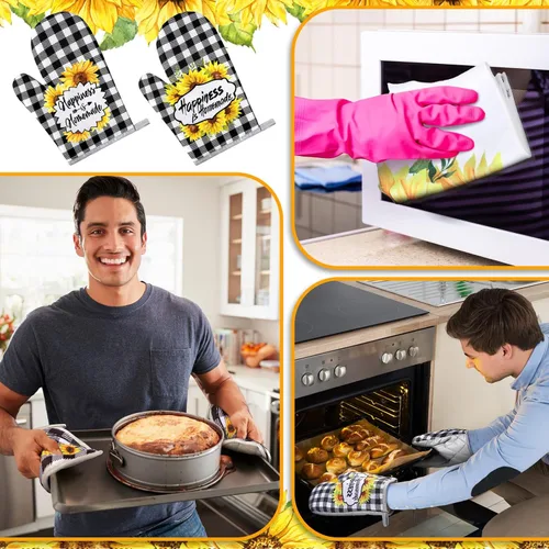 Miniatura 6 de Leinuosen Juego de 6 toallas de cocina con girasoles a cuadros, decoración y accesorios, juego de guantes de horno y soportes para macetas, paños