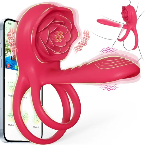Anillo vibrador para el pene con estimulador de clítoris rosa, vibrador de anillo para el pene para parejas, juguetes sexuales para hombres y Rojo