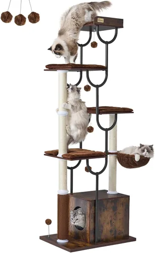 FourFurPets Árbol para gatos grandes, torre moderna para gatos con poste rascador, torre de madera para gatos de 74 pulgadas para múltiples gatos