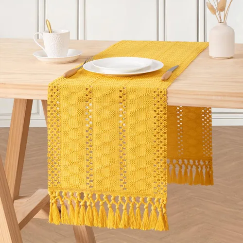 DeZerlor Camino de mesa de macramé de 12 x 60 pulgadas, camino de mesa bohemio de granja con borlas de algodón y lino tejido para mesa de comedor de