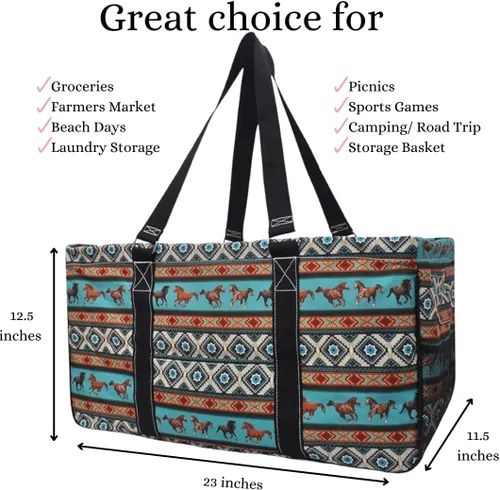 Miniatura 3 de NGIL Bolsa de comestibles reutilizable extra grande plegable de gran tamaño para comestibles, almacenamiento, picnic, playa, Bronco-negro occidental