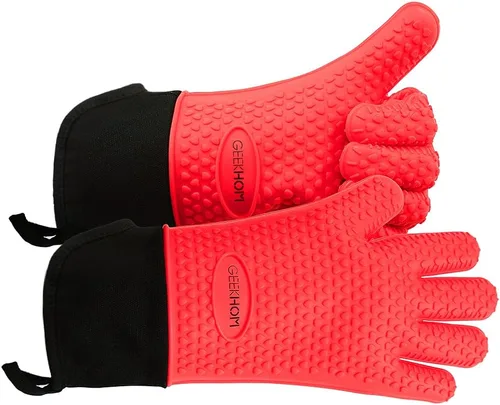 GEEKHOM Guantes de Barbacoa Resistentes al Calor Manoplas de Horno - Guantes de Silicona para Parrilla con Protección de Brazo Largo de 14" - Rojo