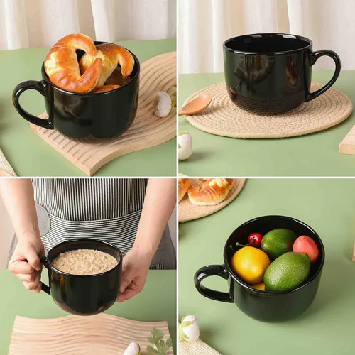 Miniatura 3 de 50oz gran taza de sopa de cerámica con asas para café, té, helado, cereal (negro)