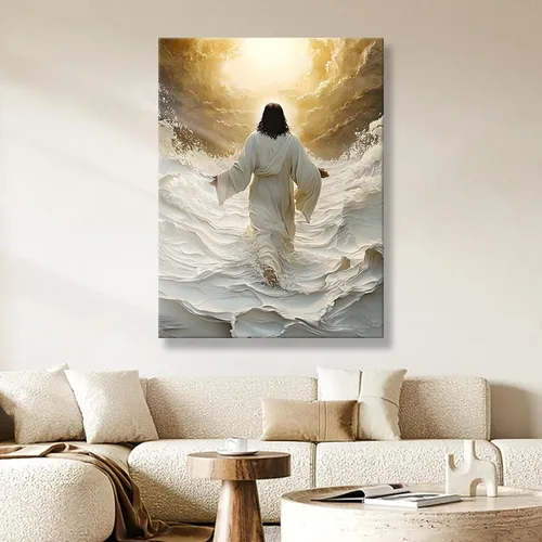 Miniatura 9 de Lienzo enmarcado dorado y blanco de Jesús caminando sobre el agua, arte de pared, póster religioso cristiano, cuadro de pintura de Cristo