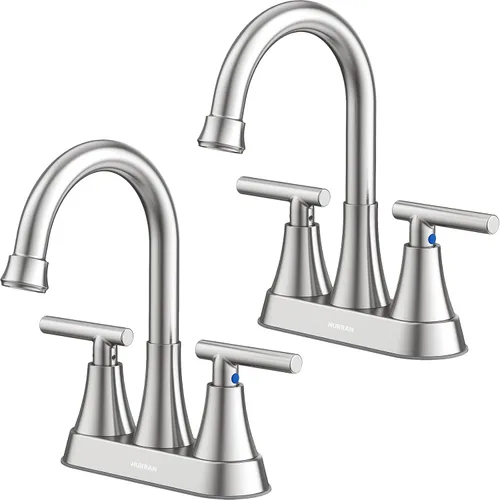 Hurran - Grifos de baño para fregadero de 3 agujeros, grifo de fregadero de baño de níquel cepillado de 4 pulgadas con mangueras de drenaje 2