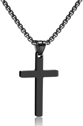 HSWYFCJY Collar de cruz para hombre, plata negra y oro, acero inoxidable, con dije de cruz lisa, collar con colgante de cruz, joyería fiel para