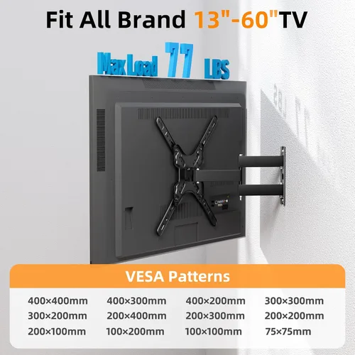 Miniatura 3 de GearFusion Soporte de pared para TV de movimiento completo para televisores planos y curvos de 13 a 60 pulgadas de hasta 77 libras, brazo articulado