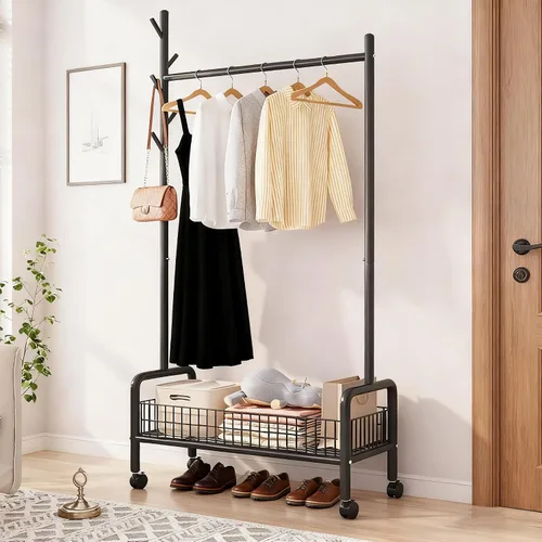 Miniatura 7 de Perchero con estantes de almacenamiento, perchero resistente con ruedas para dormitorio, sala de estar, organización de lavandería