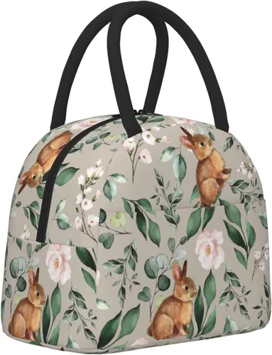 Miniatura 2 de Cute Bunnies - Bolsa de almuerzo grande con diseño de flores rosadas, caja de capacidad para preparar comidas de conejo, bolsa aislada reutilizable