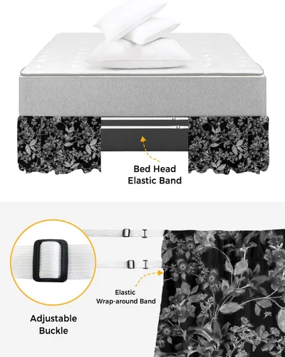 Miniatura 4 de Falda de cama de flores negras tamaño Queen de 16 pulgadas de caída, ajustable y elástica envolvente, plisada, con volantes de polvo de lujo