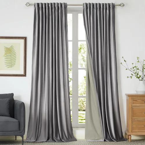 Miniatura 28 de Cortinas opacas de terciopelo dorado de 108 pulgadas para sala de estar, totalmente opacas, elegantes, 2 paneles con pestaña trasera, aislamiento
