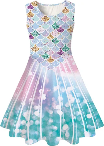 Funnycokid Vestido de sirena para niñas y niños, vestido de verano sin mangas, traje de cumpleaños, ropa de fiesta de 4 a 13 años