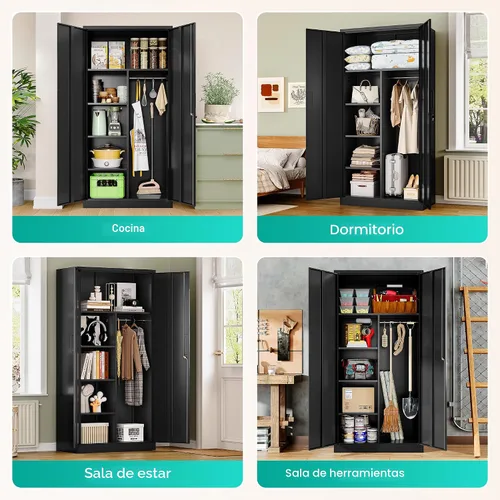 Miniatura 4 de SISESOL Armario de almacenamiento de metal de 36 pulgadas con puertas y estantes, pequeño armario de almacenamiento de garaje con cerradura, Negro