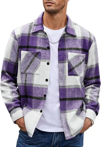 COOFANDY Camisas de franela para hombre, casual, con botones, a cuadros, chaqueta de manga larga, chaqueta de forro polar con bolsillos