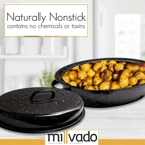 Miniatura 4 de Millvado Bandeja para Asar con Tapa, Bandeja para Asar Pavo, Capacidad Extra Grande de 15 libras, Asador de Horno de Granito de 18" Forma Ovalada