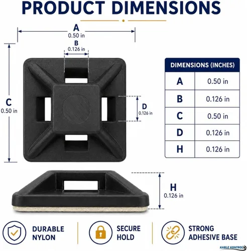 Miniatura 3 de Kable Kontrol Soportes para bridas de cremallera, 1/2 pulgada cuadrada, color negro, 100 unidades, con respaldo adhesivo, multiusos, resistentes a