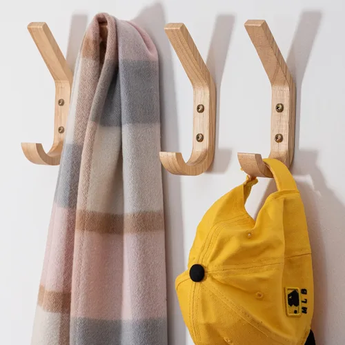 Miniatura 2 de Ganchos de madera montados en la pared, ganchos vintage de una sola pared, organizador resistente para colgar toallas y sombreros, paquete de 4