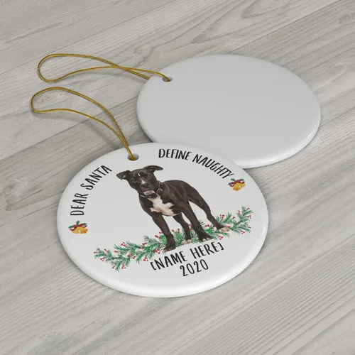 Miniatura 3 de Divertido nombre personalizado American Staffordshire Terrier Blanco Negro Dear Santa Define Naughty Gifts 2023 Adornos de árbol de Navidad círculo