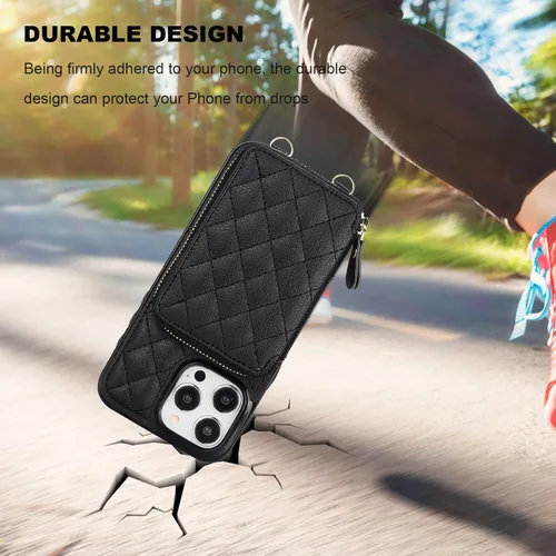 Miniatura 8 de Bocasal Funda tipo cartera cruzada para iPhone 15 Pro Max, con bloqueo RFID, de piel sintética, con cremallera, funda tipo cartera con función atril