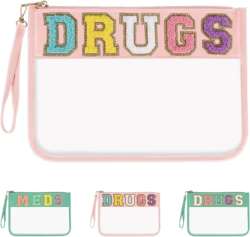 Miniatura 13 de Iqimott Bolsa de parche de felpilla con letras MEDS transparente, bolsa de maquillaje portátil de preparación para mujeres y niñas, viajes, bolsa