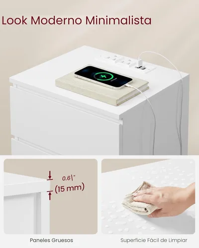 Miniatura 7 de VASAGLE Mesita de noche con estación de carga, 2 salidas de CA y 2 puertos USB, mesita de noche, mesa auxiliar con 3 cajones, estilo moderno, 13.8 x