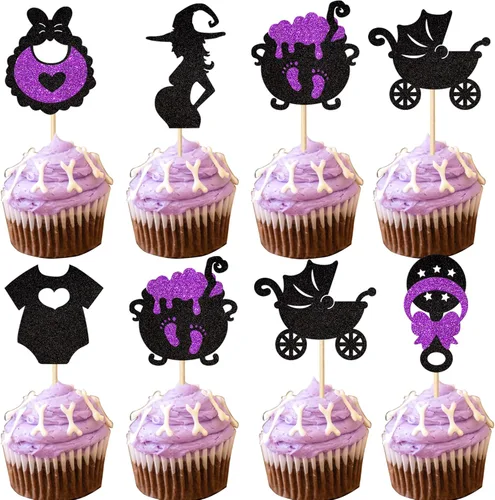 Miniatura 18 de Paquete de 24 adornos para cupcakes de Halloween con purpurina rosa, fantasma, pequeño abucheo, murciélago, bruja, gato, calabaza, magdalena