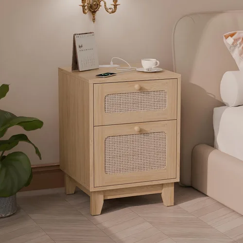 Miniatura 2 de Betterhood Mesitas de noche de ratán con estación de carga, mesitas de noche de madera con cajón y gabinete, mesitas de noche bohemias con USB