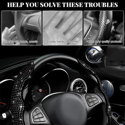Miniatura 6 de 2 piezas fundas para volante, fundas para volante de automóvil segmentadas con cristales de imitación, protector antideslizante decoración brillante