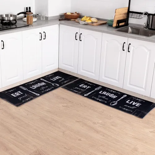 Miniatura 9 de Carvapet Juego de 2 alfombras de cocina con respaldo antideslizante, tapete para cocina, corredor de entrada, diseño de lema, negruzco/gris oscuro