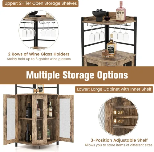 Miniatura 5 de LOKO Armario esquinero para bar de vinos, gabinete industrial para vinos con puertas de malla metálica y estante ajustable, gabinete de licor