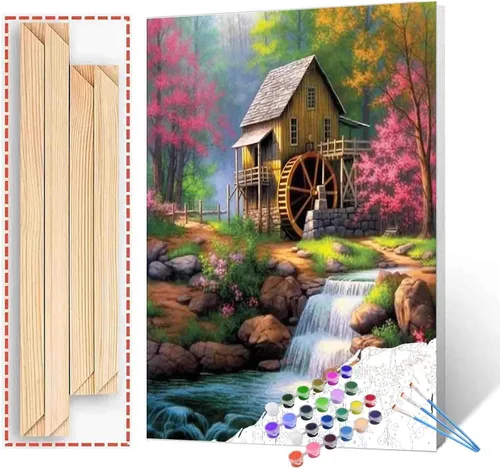Miniatura 22 de Tucocoo Kit de pintura de flores para casa por números con pinceles y pigmento acrílico sobre lienzo para adultos, paisajes de bosques arroyos