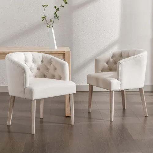 Miniatura 9 de DUOMAY Juego de 2 sillas de comedor modernas copetudas, silla auxiliar tapizada de lino, cómoda silla de barril con patas de madera para el hogar