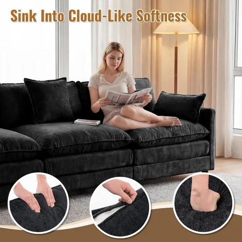 Miniatura 7 de Juego de sofá modular de 107 pulgadas con otomana, sofá convertible en forma de L, sofá de asiento profundo de felpilla de 3 plazas con almohadas